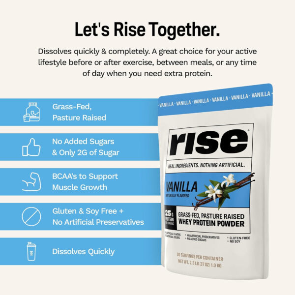Rise Grass-Fed Whey Protein Powder - Vanilla | 25g Protein No Artificial Flavors, Colors, or Preservatives - Sugar Free, Gluten-Free, Soy Free (2.3 lbs)