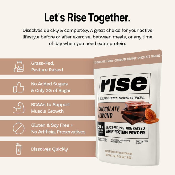 Rise Grass-Fed Whey Protein Powder - Vanilla | 25g Protein No Artificial Flavors, Colors, or Preservatives - Sugar Free, Gluten-Free, Soy Free (2.3 lbs)