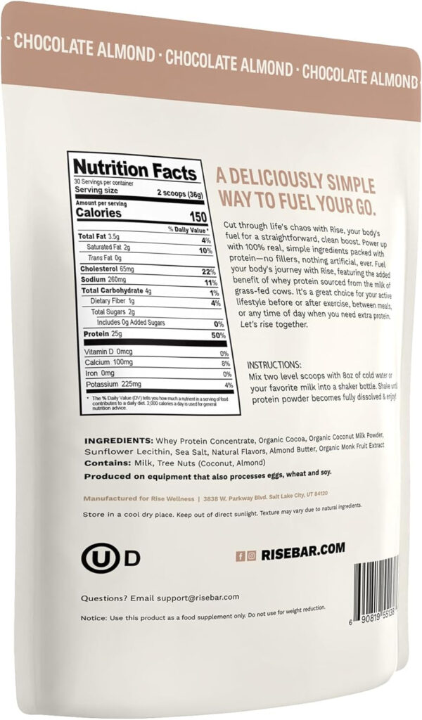 Rise Grass-Fed Whey Protein Powder - Vanilla | 25g Protein No Artificial Flavors, Colors, or Preservatives - Sugar Free, Gluten-Free, Soy Free (2.3 lbs)