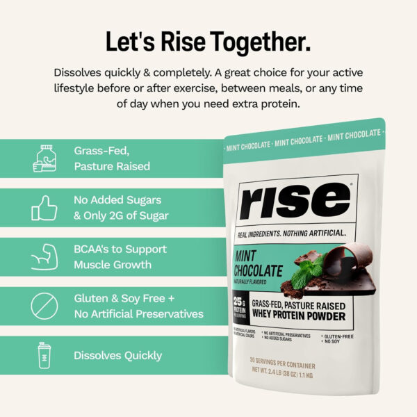Rise Grass-Fed Whey Protein Powder - Vanilla | 25g Protein No Artificial Flavors, Colors, or Preservatives - Sugar Free, Gluten-Free, Soy Free (2.3 lbs)