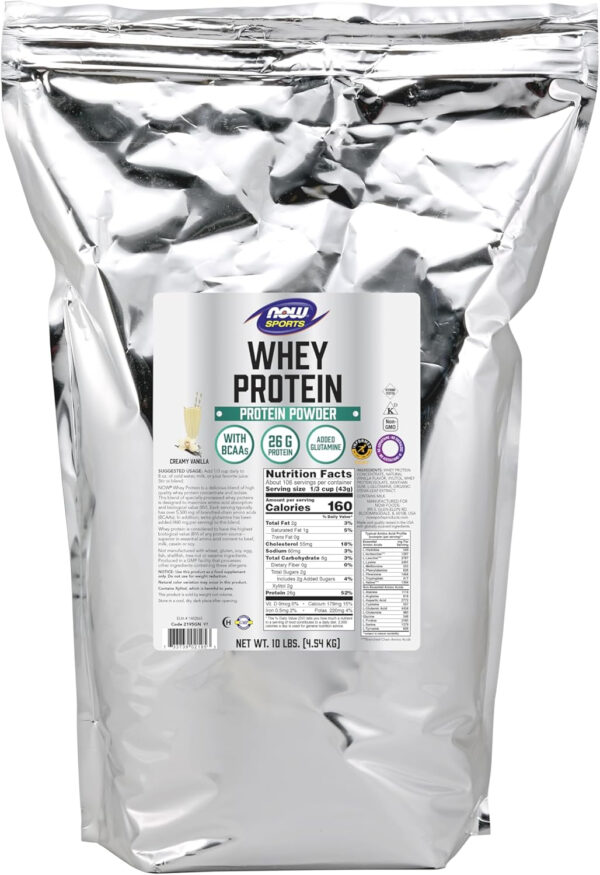 NOW Sports Nutrition, Whey Protein, 26 g With BCAAs, Creamy Vanilla Powder, 6-Pound