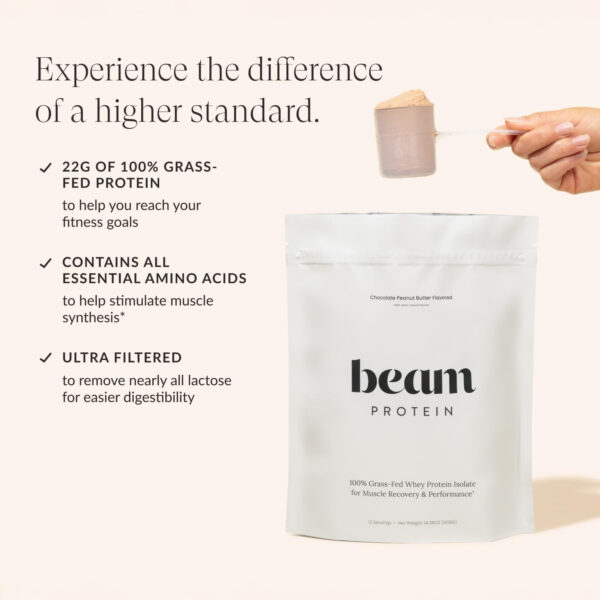 6894713ed16d122a1c52a799d2f5c512da695f8d7f100195fb5d8.jpg Beam Grass Fed Whey Protein Powder – Chocolate Peanut Butter, 12 Servings, 22g Protein Per Serving, Clean Whey Isolate & Concentrate, Low Carb, Paleo Friendly, GMO Free, Gluten Free, 3rd Party Tested