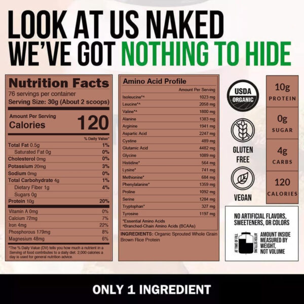 NAKED Rice 1Lb - Organic Brown Rice Protein Powder - Vegan Protein Powder, GMO Free, Gluten Free & Soy Free. Plant-Based Protein, No Artificial Ingredients - 15 Servings