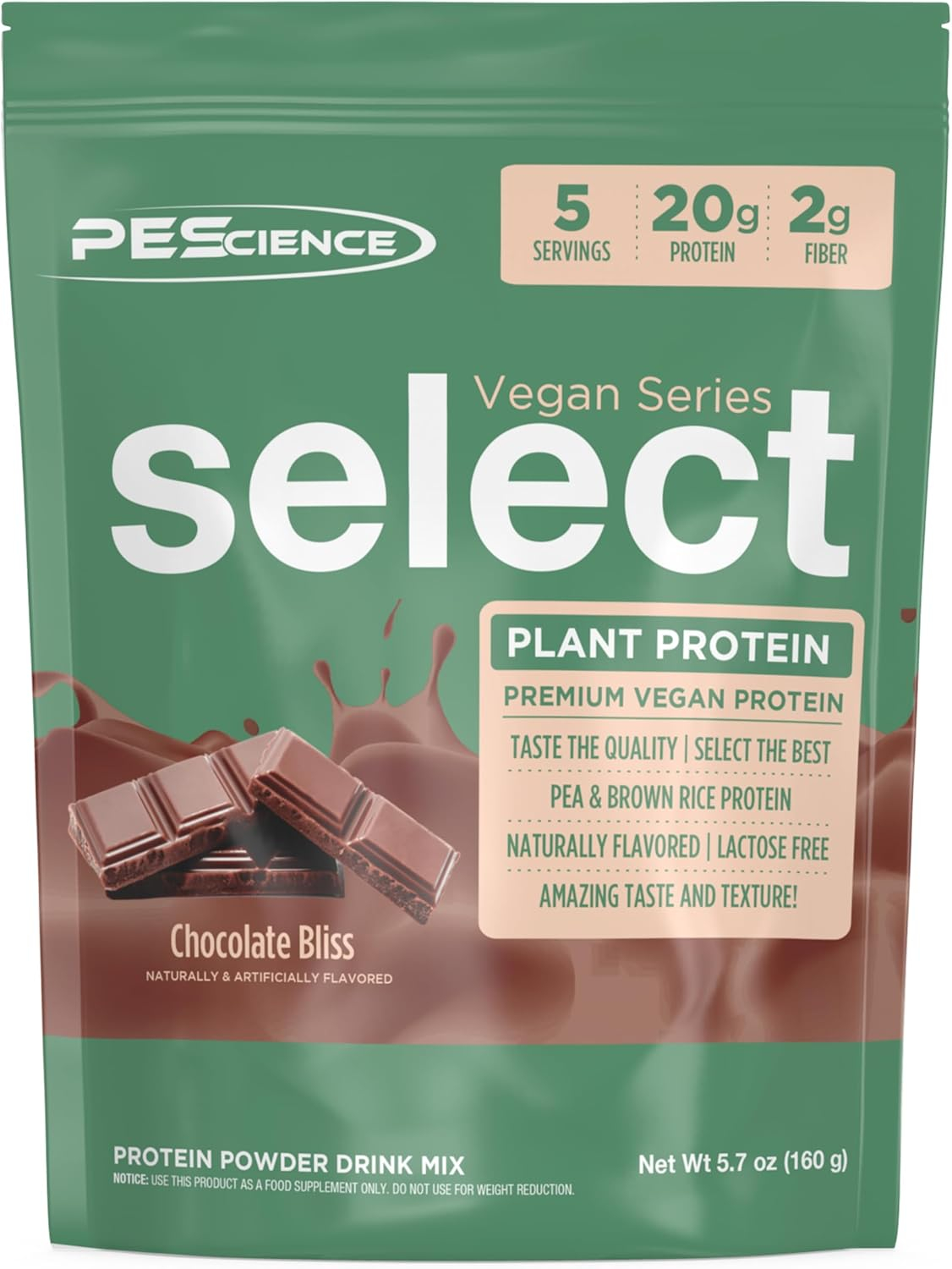 PEScience Select Vegan Protein Powder, Plant Based with Amazing Taste, Smooth Texture, Pea Protein Brown Rice Blend, Dairy Free, Gluten Free, Soy Free, 5 Servings, Chocolate Bliss
