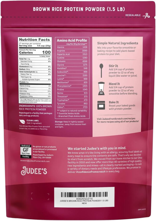 Judee’s Brown Rice Protein Powder (80% Protein) 1.5 lb - Non-GMO Sprouted - Keto-Friendly, Dairy, Gluten & Soy-Free - Plant-Based
