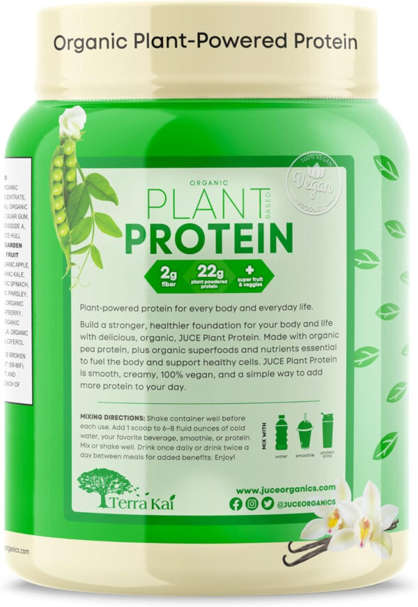 Juce Organic Plant-Based Protein Powder – Vanilla | Premium Organic Protein Blend, Brown Rice, & Pumpkin Proteins | Superfood & Antioxidant Rich with Kale, Spinach, Blueberry - By Terra Kai Organics