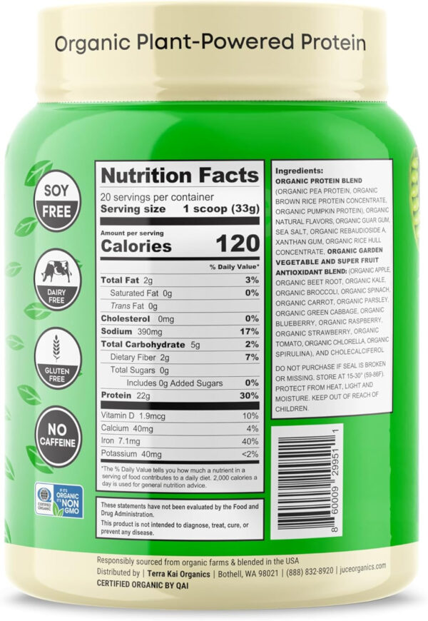Juce Organic Plant-Based Protein Powder – Vanilla | Premium Organic Protein Blend, Brown Rice, & Pumpkin Proteins | Superfood & Antioxidant Rich with Kale, Spinach, Blueberry - By Terra Kai Organics