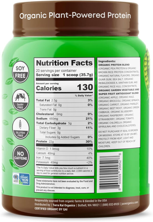 Juce Organic Plant-Based Protein Powder – Vanilla | Premium Organic Protein Blend, Brown Rice, & Pumpkin Proteins | Superfood & Antioxidant Rich with Kale, Spinach, Blueberry - By Terra Kai Organics
