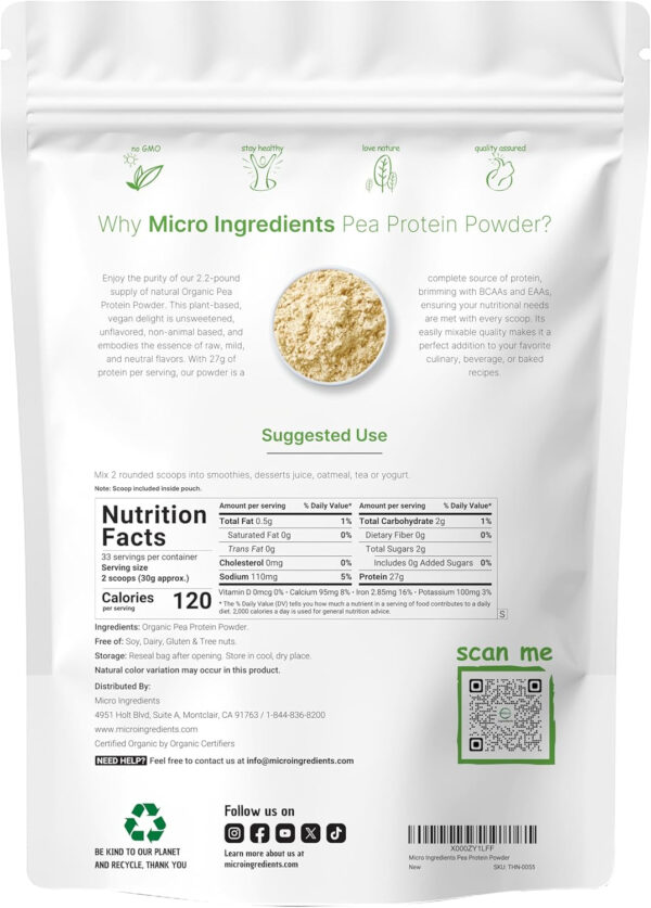 Micro Ingredients North American Grown, Pea Protein Powder, 5 Pounds | Plant Based, Unflavored | Complete Vegan Protein Source – 27g Serving | Rich in BCAAs & EAAs | Non-GMO, Keto Friendly