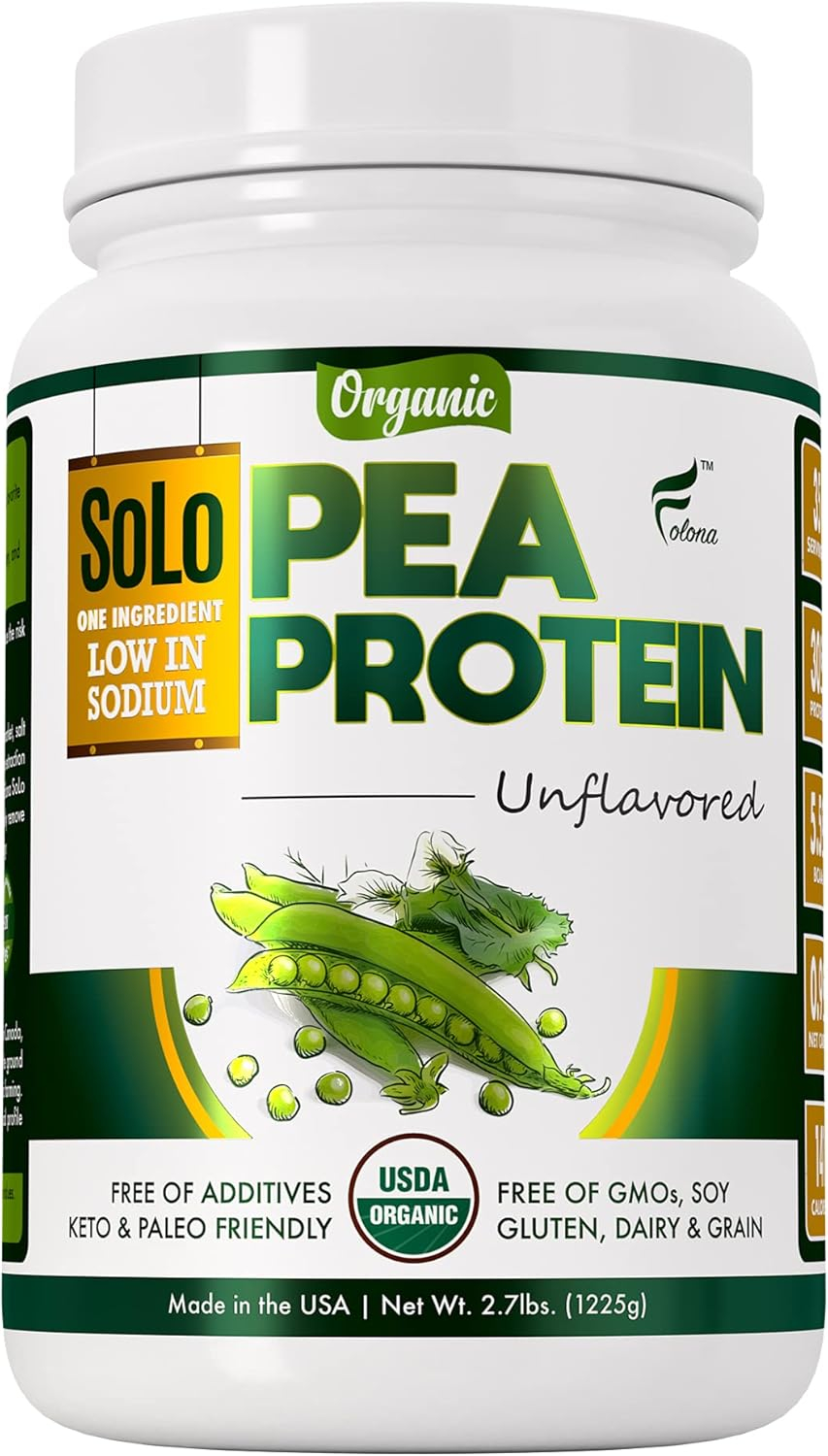 SOLO Organic Pea Protein Isolate, Low in Sodium, Canada Grown Peas, 100% Vegan, Non-GMO, Unflavored Plant Based Protein Powder with BCAA, Keto & Paleo Friendly, Easy to Digest, No Additives (2.7 lbs)