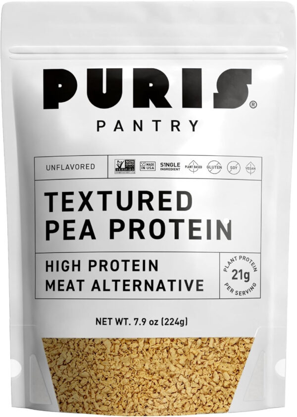 689483224550f3f827904bd89a839d8f3472e7af43292b5ee043c.jpg PURIS Pantry Textured Pea Protein, Unflavored Meatless Vegetable Crumbles, Soy Free, Shelf-Stable, Gluten Free, 21g of Protein, Plant-Based Vegan Meat Substitute, Equivalent to 1.5 Pounds Ground Beef