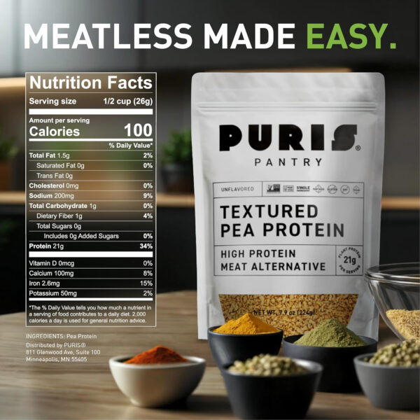 689483239f979dc4033fc821c4ae8313859728473ac248ce7d924.jpg PURIS Pantry Textured Pea Protein, Unflavored Meatless Vegetable Crumbles, Soy Free, Shelf-Stable, Gluten Free, 21g of Protein, Plant-Based Vegan Meat Substitute, Equivalent to 1.5 Pounds Ground Beef