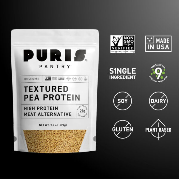 6894832507263a8fc68c95613e8a6ea57ac94b752f9cd9a920561.jpg PURIS Pantry Textured Pea Protein, Unflavored Meatless Vegetable Crumbles, Soy Free, Shelf-Stable, Gluten Free, 21g of Protein, Plant-Based Vegan Meat Substitute, Equivalent to 1.5 Pounds Ground Beef
