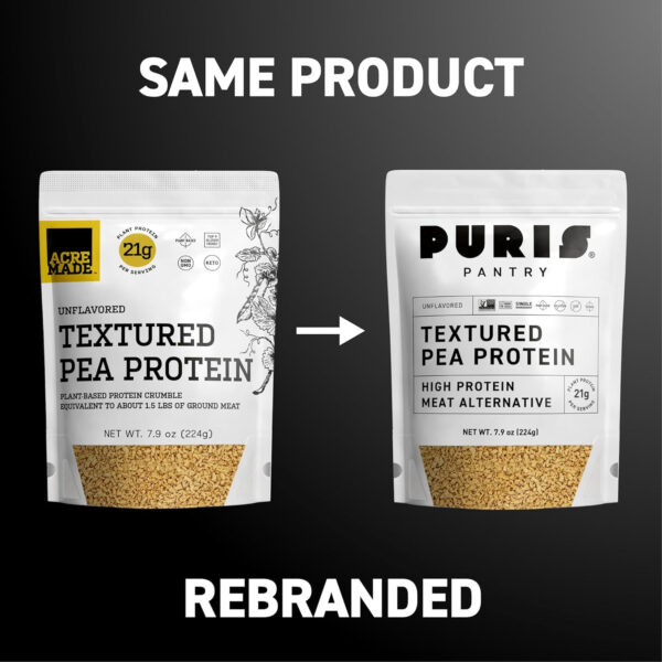 68948327cf25f72060d89c3944b594733170901a245400b918eb8.jpg PURIS Pantry Textured Pea Protein, Unflavored Meatless Vegetable Crumbles, Soy Free, Shelf-Stable, Gluten Free, 21g of Protein, Plant-Based Vegan Meat Substitute, Equivalent to 1.5 Pounds Ground Beef