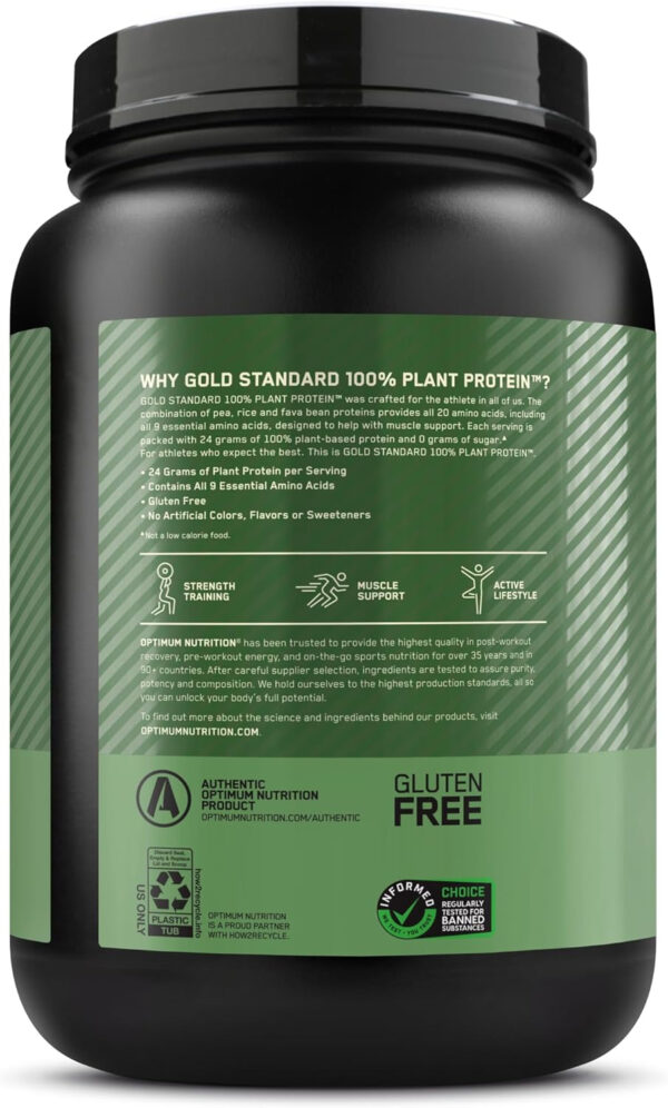 Optimum Nutrition Gold Standard 100% Plant Based Protein Powder, Gluten Free, Vegan Protein for Muscle Support and Recovery with Amino Acids - Creamy Vanilla, 20 Servings (Packaging May Vary)
