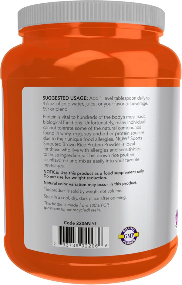 689483ef1f35b69aa6eebeb4a61ea5a7325e07c56e129f0ac2025.jpg NOW Foods Sports Nutrition, Sprouted Brown Rice Protein, 80% Protein, Unflavored Powder, 2-Pound