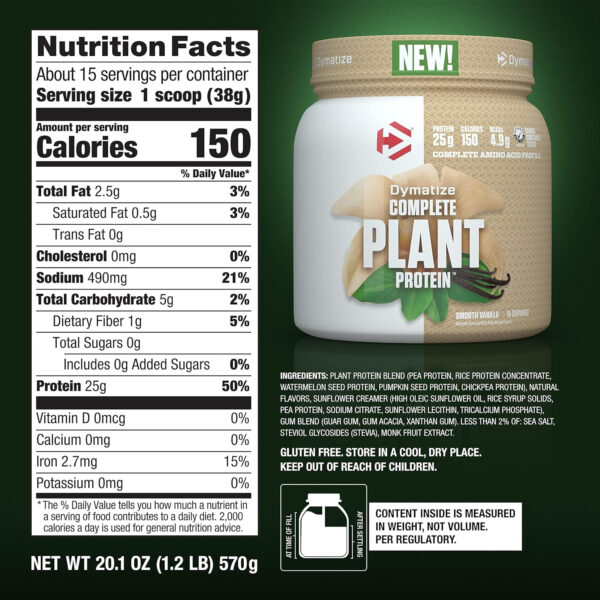 6894840f9493e97db63c98df011e3be50ee9a5bf6199fd66f2061.jpg Dymatize Vegan Plant Protein, Smooth Vanilla, 25g Protein, 4.8g BCAAs, Complete Amino Acid Profile, 15 Servings