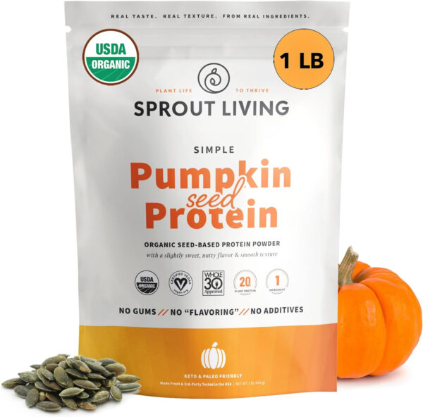 Sprout Living Organic Pea Protein Powder, Unflavored, 20 Grams of Plant Based Organic Protein Powder Without Artificial Sweeteners, Non Dairy, Non-GMO, Vegan, Gluten Free (1 Pound, 19 Servings)