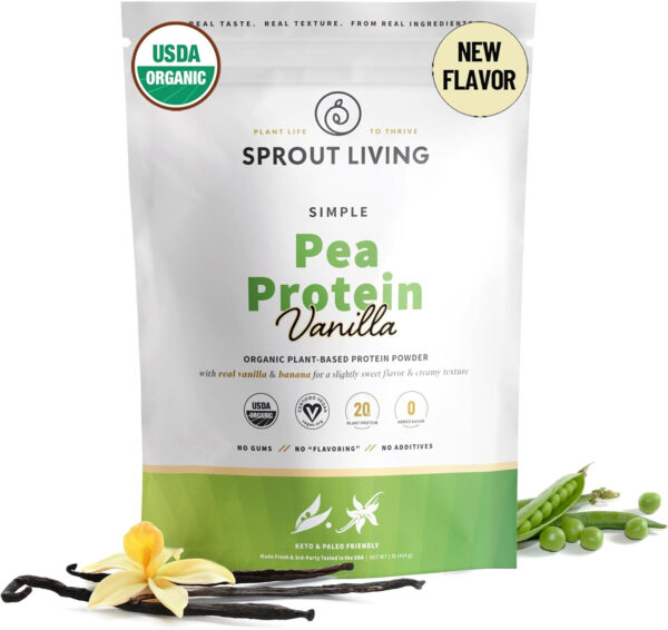 Sprout Living Organic Pea Protein Powder, Unflavored, 20 Grams of Plant Based Organic Protein Powder Without Artificial Sweeteners, Non Dairy, Non-GMO, Vegan, Gluten Free (1 Pound, 19 Servings)