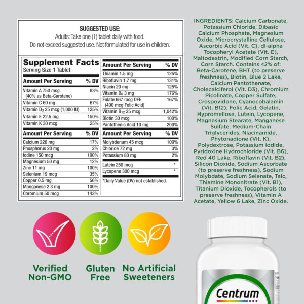 Centrum Minis Silver Multivitamin Tablet for Adults 50 Plus, Multimineral Supplement, Vitamin D3, B-Vitamins, Gluten Free, Non-GMO Ingredients, Supports Memory and Cognition in Older Adults - 320 Ct
