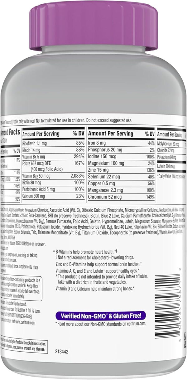 Centrum Silver Women's Multivitamin for Women 50 Plus, Multivitamin/Multimineral Supplement with Vitamin D3, B Vitamins, Non-GMO Ingredients, Supports Memory and Cognition in Older Adults - 200 Ct