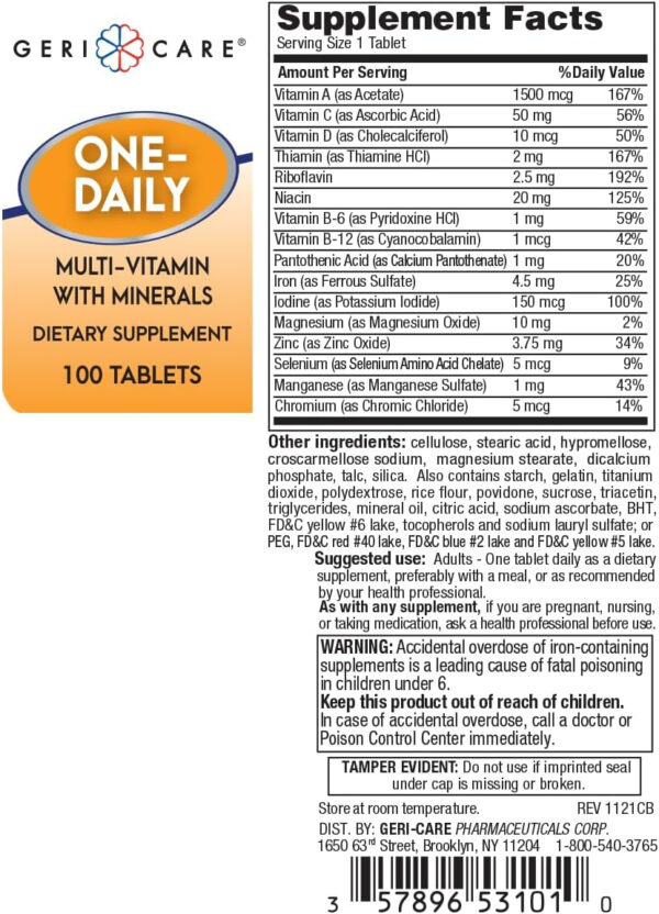 One-Daily Multivitamins with Minerals for Men & Women (100 Tablets) by GeriCare| High-Potency Multi-Vitamin & Multimineral Dietary Supplement for Immunity, Energy| Complete Daily Nutritional Support