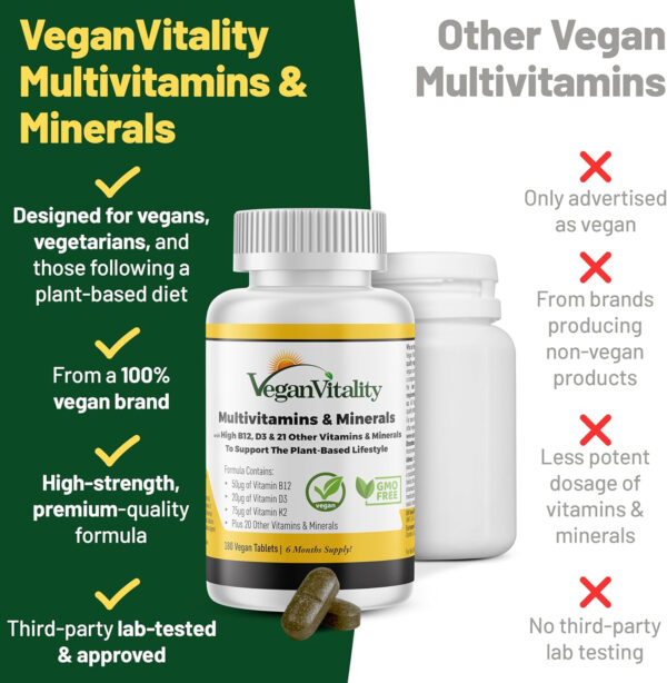 Vegan Vitality Multivitamins & Minerals for Women and Men with High Strength Vitamin B12, D3 & K2. 180 Vegan Multivitamin Tablets - 6 Months Supply. Vitamins for Vegans & Vegetarians