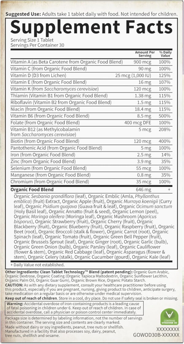 Garden of Life Multivitamin for Women - Organics Women's Once Daily, Whole Food Multi with Iron, Biotin, Vegan Organic Vitamin, Energy Hair Skin & Nails, 30 Tablets