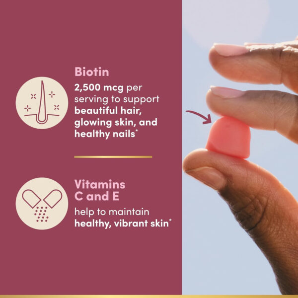 Nature's Bounty Optimal Solutions Hair, Skin and Nails Pectin Gummies, 2500 mcg Biotin Per Serving, No Stick Gummy, Vegetarian Formula, Strawberry Flavor, 200 count, 100 Total Servings