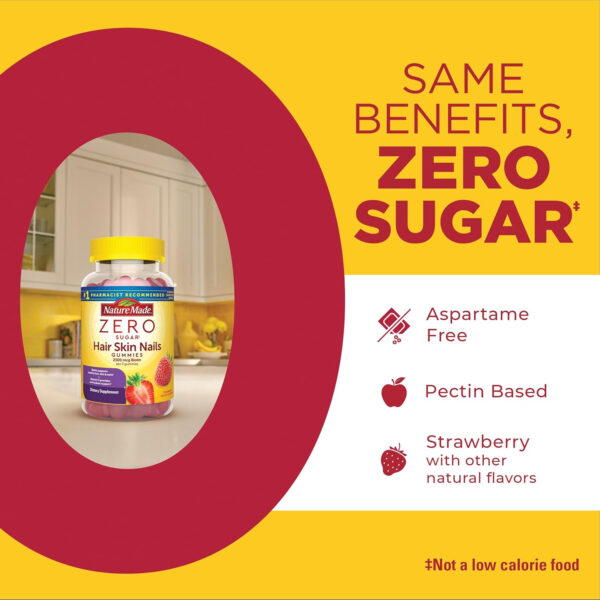 Nature Made Zero Sugar Hair Skin Nails Gummies, Biotin 2500 mcg per Serving, 120 Sugar Free Gummies, 60 Day Supply