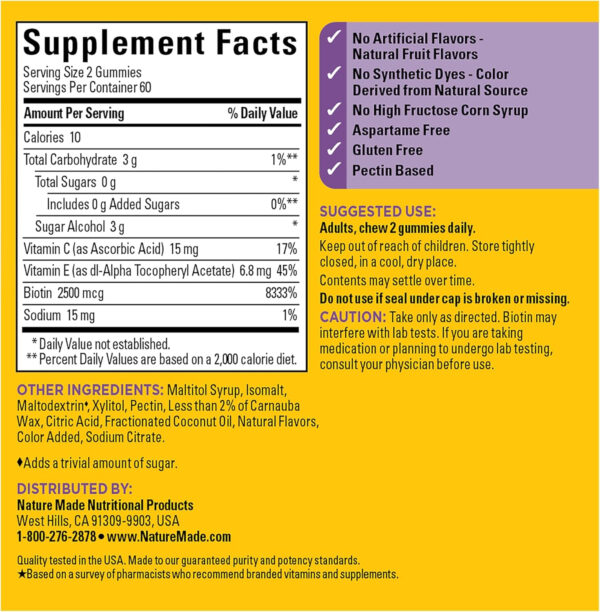 Nature Made Zero Sugar Hair Skin Nails Gummies, Biotin 2500 mcg per Serving, 120 Sugar Free Gummies, 60 Day Supply