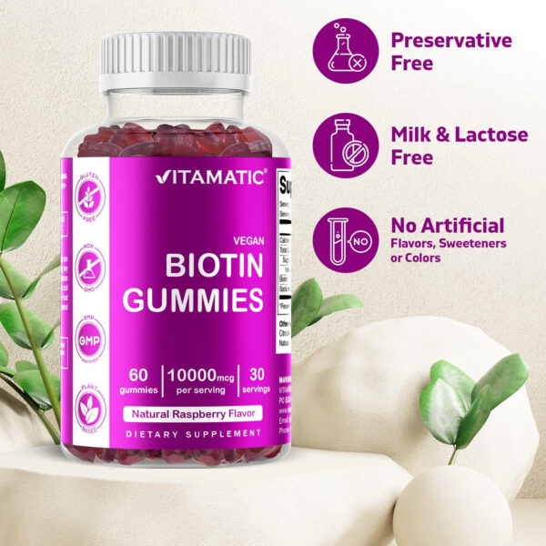 Vitamatic Biotin Gummies 10,000 mcg for Stronger Hair, Skin & Nails - 60 Vegan Gummies - Also Called Vitamin B7 (1 Bottle)