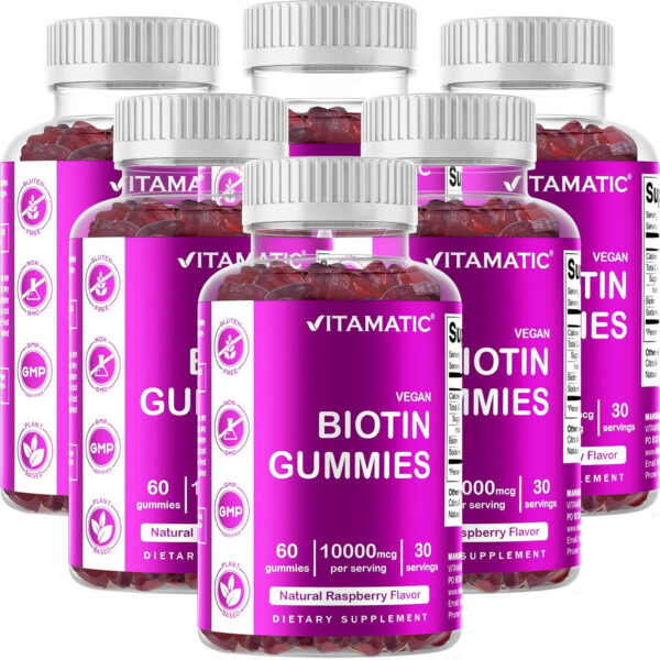 Vitamatic Biotin Gummies 10,000 mcg for Stronger Hair, Skin & Nails - 60 Vegan Gummies - Also Called Vitamin B7 (1 Bottle)