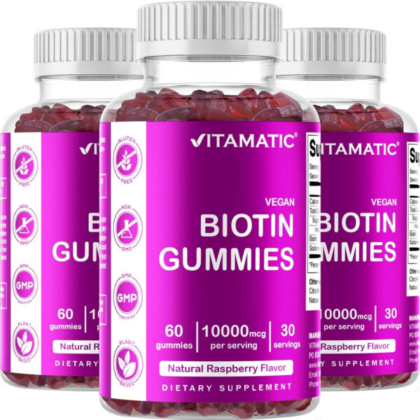Vitamatic Biotin Gummies 10,000 mcg for Stronger Hair, Skin & Nails - 60 Vegan Gummies - Also Called Vitamin B7 (1 Bottle)