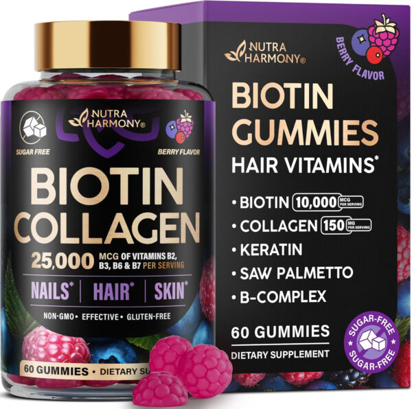 68948e03d7dd44ee3f1cf8f7f82ed2dd6b1ca18961b920a0b249f.jpg Biotin Gummies with Collagen - Hair Growth Support Skin, & Nail Strength - for Women & Men - Biotin 10000mcg | Keratin | Hyaluronic Acid | B-Complex | Saw Palmetto - Sugar-Free, Mixed Berry - 60 Gummy