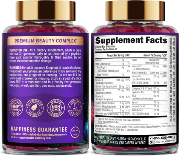 68948e05508943640e19e99f7616e0b9013a0ef836c17313e2502.jpg Biotin Gummies with Collagen - Hair Growth Support Skin, & Nail Strength - for Women & Men - Biotin 10000mcg | Keratin | Hyaluronic Acid | B-Complex | Saw Palmetto - Sugar-Free, Mixed Berry - 60 Gummy
