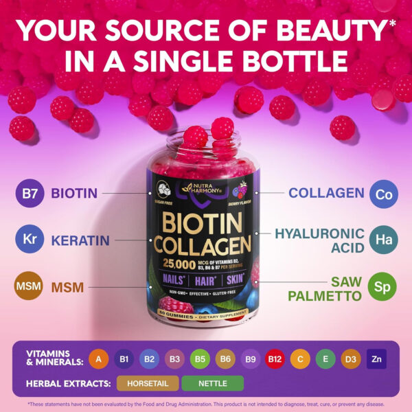 68948e094b58ace4257c97fcde9142396d3ccf5b59ef5d5c7b43f.jpg Biotin Gummies with Collagen - Hair Growth Support Skin, & Nail Strength - for Women & Men - Biotin 10000mcg | Keratin | Hyaluronic Acid | B-Complex | Saw Palmetto - Sugar-Free, Mixed Berry - 60 Gummy