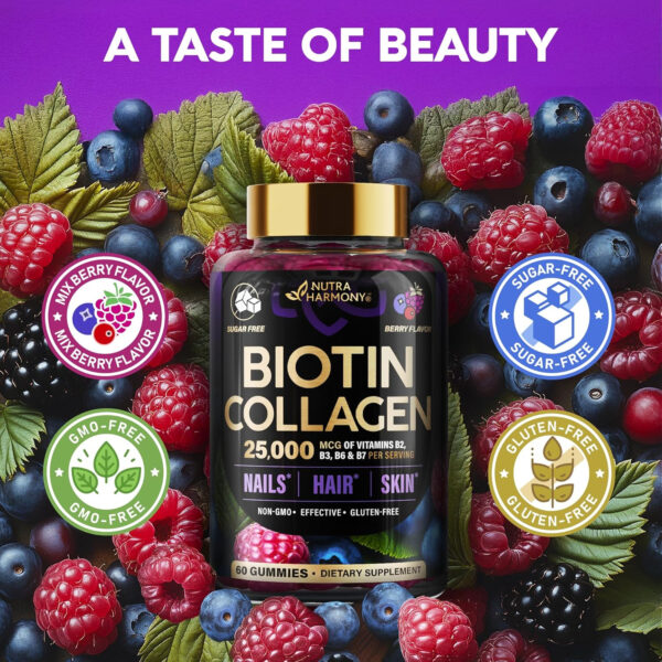 68948e0abe1d3750f1ac7ddd19123f888536539f1985055c87ccd.jpg Biotin Gummies with Collagen - Hair Growth Support Skin, & Nail Strength - for Women & Men - Biotin 10000mcg | Keratin | Hyaluronic Acid | B-Complex | Saw Palmetto - Sugar-Free, Mixed Berry - 60 Gummy