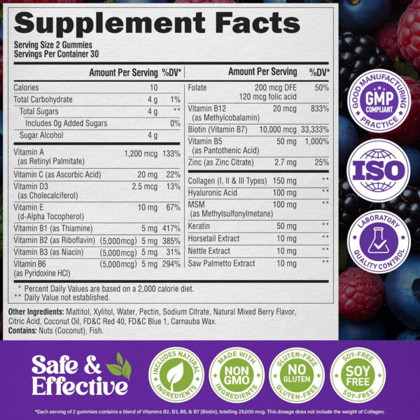 68948e0d9303745dbc83913c62edb5ca735efc7560d94a994f099.jpg Biotin Gummies with Collagen - Hair Growth Support Skin, & Nail Strength - for Women & Men - Biotin 10000mcg | Keratin | Hyaluronic Acid | B-Complex | Saw Palmetto - Sugar-Free, Mixed Berry - 60 Gummy