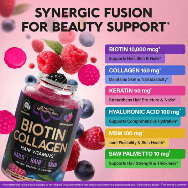 68948e11d1ca4e7837e575870bd3ae6b073334b2ef42c76f5d9e2.jpg Biotin Gummies with Collagen - Hair Growth Support Skin, & Nail Strength - for Women & Men - Biotin 10000mcg | Keratin | Hyaluronic Acid | B-Complex | Saw Palmetto - Sugar-Free, Mixed Berry - 60 Gummy