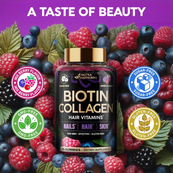 68948e133893e01a14ff6217554fdcae2ef48c37fa90106b0bbbe.jpg Biotin Gummies with Collagen - Hair Growth Support Skin, & Nail Strength - for Women & Men - Biotin 10000mcg | Keratin | Hyaluronic Acid | B-Complex | Saw Palmetto - Sugar-Free, Mixed Berry - 60 Gummy