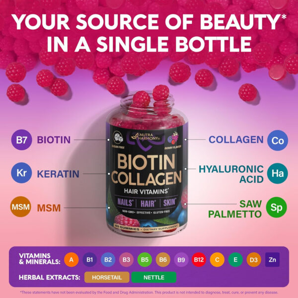68948e14a83fa31015c64200adca7fb2903fb7216355e63fdb915.jpg Biotin Gummies with Collagen - Hair Growth Support Skin, & Nail Strength - for Women & Men - Biotin 10000mcg | Keratin | Hyaluronic Acid | B-Complex | Saw Palmetto - Sugar-Free, Mixed Berry - 60 Gummy