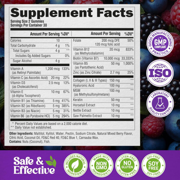 68948e16140f6e9fb9705ab252079e786eba7d64372f52646f9ee.jpg Biotin Gummies with Collagen - Hair Growth Support Skin, & Nail Strength - for Women & Men - Biotin 10000mcg | Keratin | Hyaluronic Acid | B-Complex | Saw Palmetto - Sugar-Free, Mixed Berry - 60 Gummy