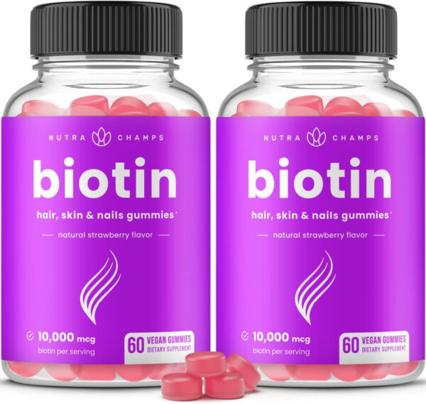 NutraChamps Biotin Gummies 10000mcg [High Potency] for Healthy Hair, Skin & Nails Vitamins for Women, Men & Kids - 5000mcg in Each Hair Vitamins Gummy - Vegan, Non-GMO, Hair Health Supplement