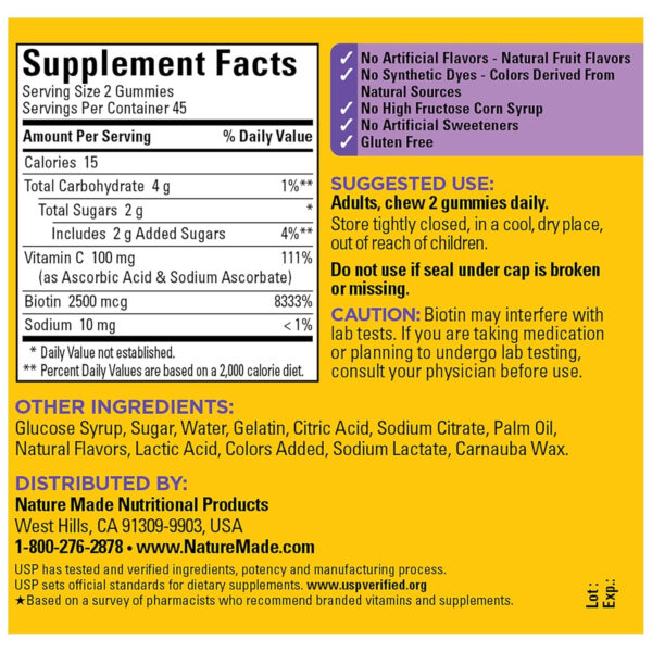 Nature Made Hair Skin and Nails with Biotin 2500 mcg, Dietary Supplement for Healthy Hair, Skin & Nails Support, 150 Gummies, 75 Day Supply