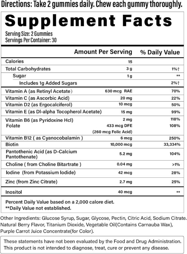 Biotin Gummies -Hair Skin and Nails Vitamins for Men & Women, Vegan Vitamin B7, Supports Hair Growth and Stronger Nails,30 Day Supply - Raspberry-60 Count