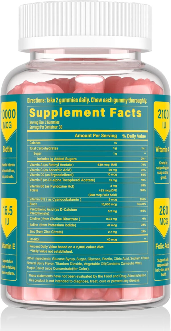 Biotin Gummies -Hair Skin and Nails Vitamins for Men & Women, Vegan Vitamin B7, Supports Hair Growth and Stronger Nails,30 Day Supply - Raspberry-60 Count