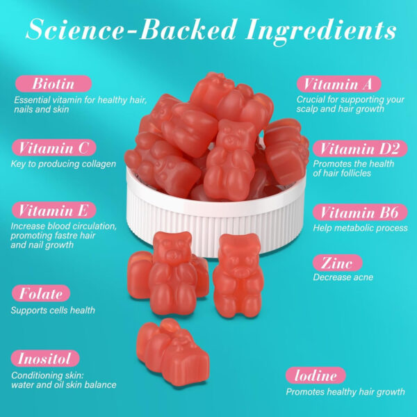 Biotin Gummies -Hair Skin and Nails Vitamins for Men & Women, Vegan Vitamin B7, Supports Hair Growth and Stronger Nails,30 Day Supply - Raspberry-60 Count