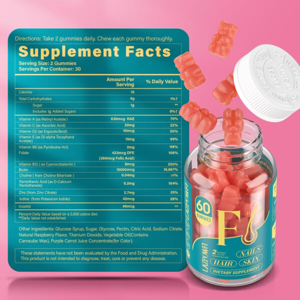 Biotin Gummies -Hair Skin and Nails Vitamins for Men & Women, Vegan Vitamin B7, Supports Hair Growth and Stronger Nails,30 Day Supply - Raspberry-60 Count