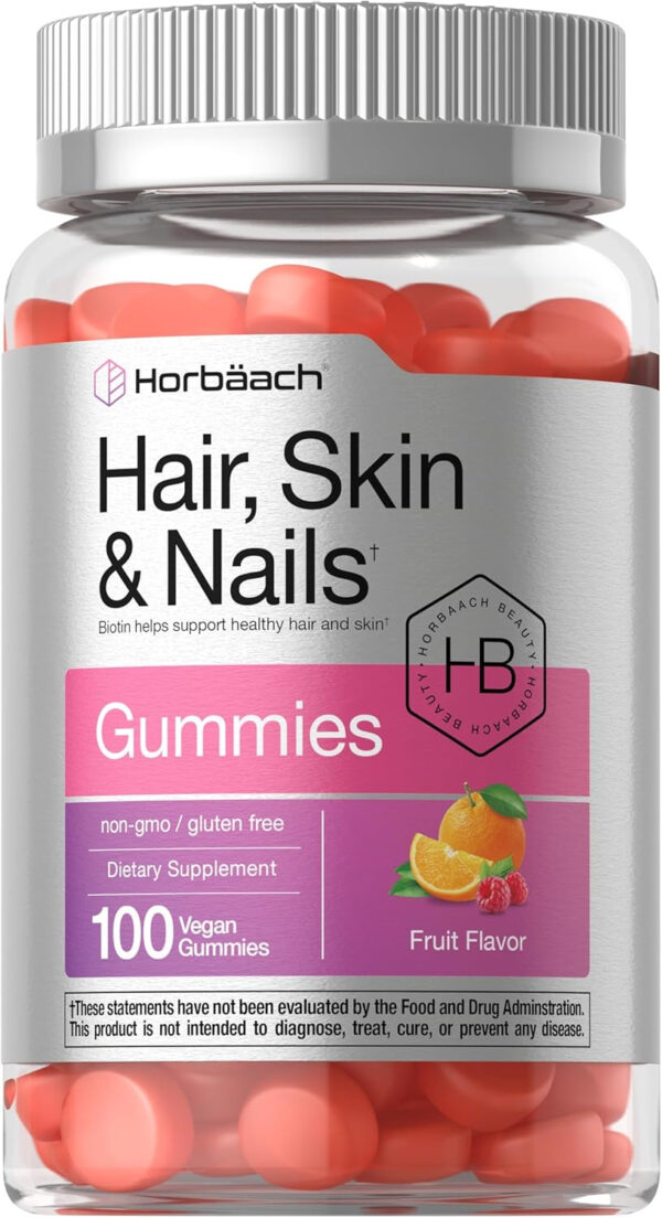 68948ff93f23990ad4930ee9f2004b97ca834a8f0e85adbf49131.jpg Horbäach Hair Skin and Nails Gummies | 100 Count | with Biotin | Fruit Flavored Vitamins | Non-GMO, Gluten Free Supplement